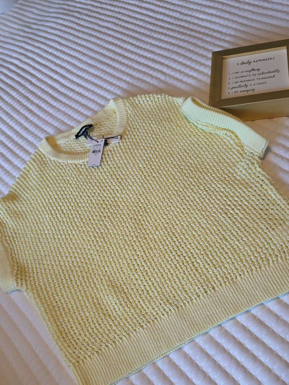 Express Pale Yellow Short-Sleeve Crewneck Knit Sweater